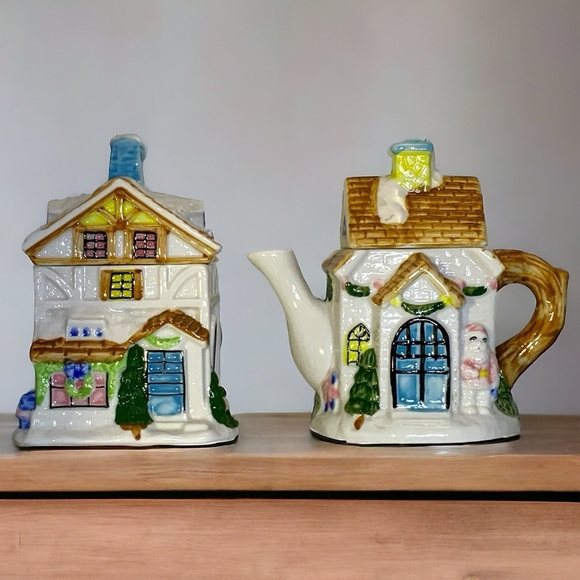 Vintage Cottage Teapot Bag Holder Canister Creamer Sugar Bowl Serving Set 2 Pc - Picture 10 of 16